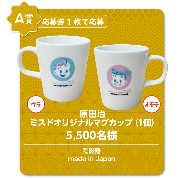 A賞：応募券1枚で応募　原田治 ミスドオリジナルマグカップ（1個）　5,500名様